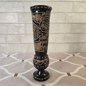 Vintage Hand Carved Wood Pedestal Vase Black Contrast Fish & Flower 10"